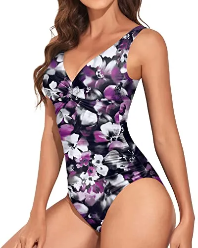 Vintage V Neck Ruch Shirred Tummy Control Bathing Suit-Purple Floral