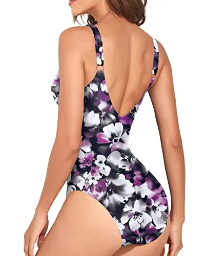 Vintage V Neck Ruch Shirred Tummy Control Bathing Suit-Purple Floral
