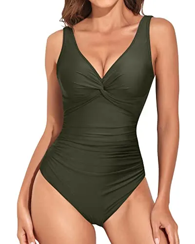 Vintage V Neck Twist Bathing Suit Women One Piece Swimsuit-Army Green