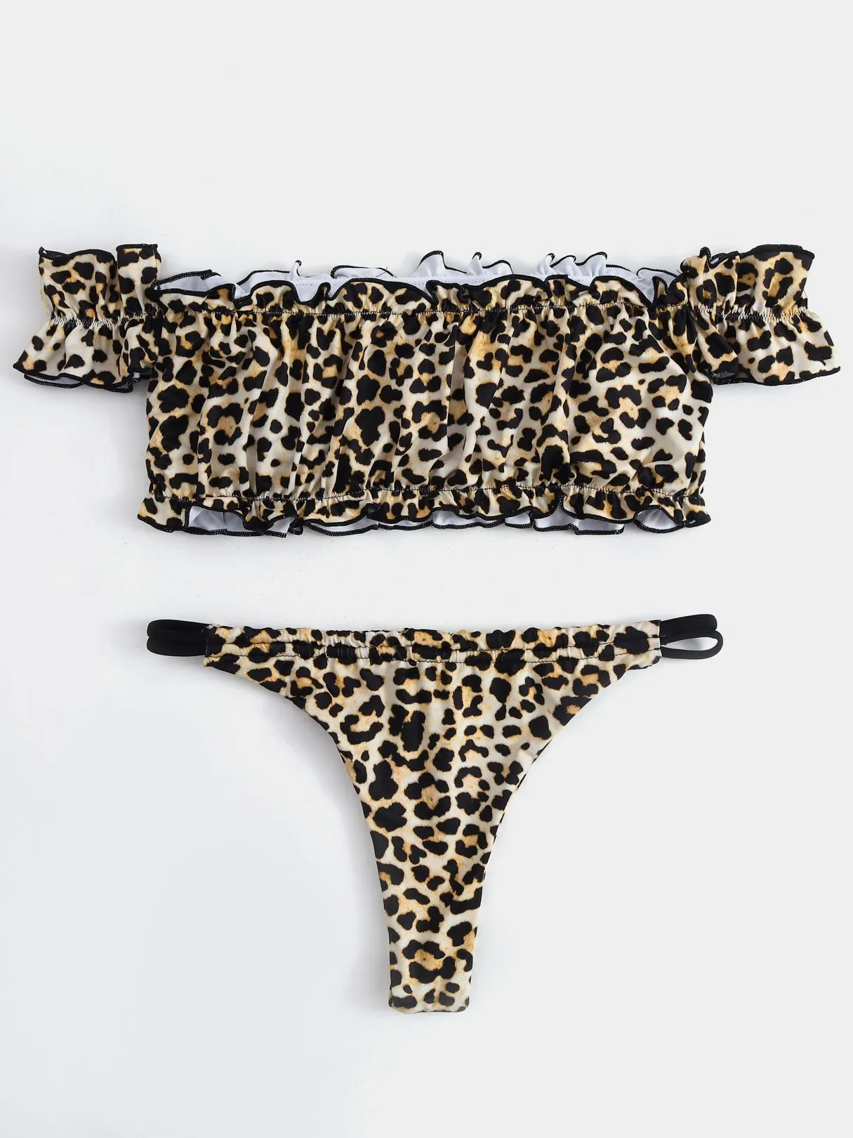 Wholesale Off The Shoulder Short Sleeve Leopard Two Piece Bikinis