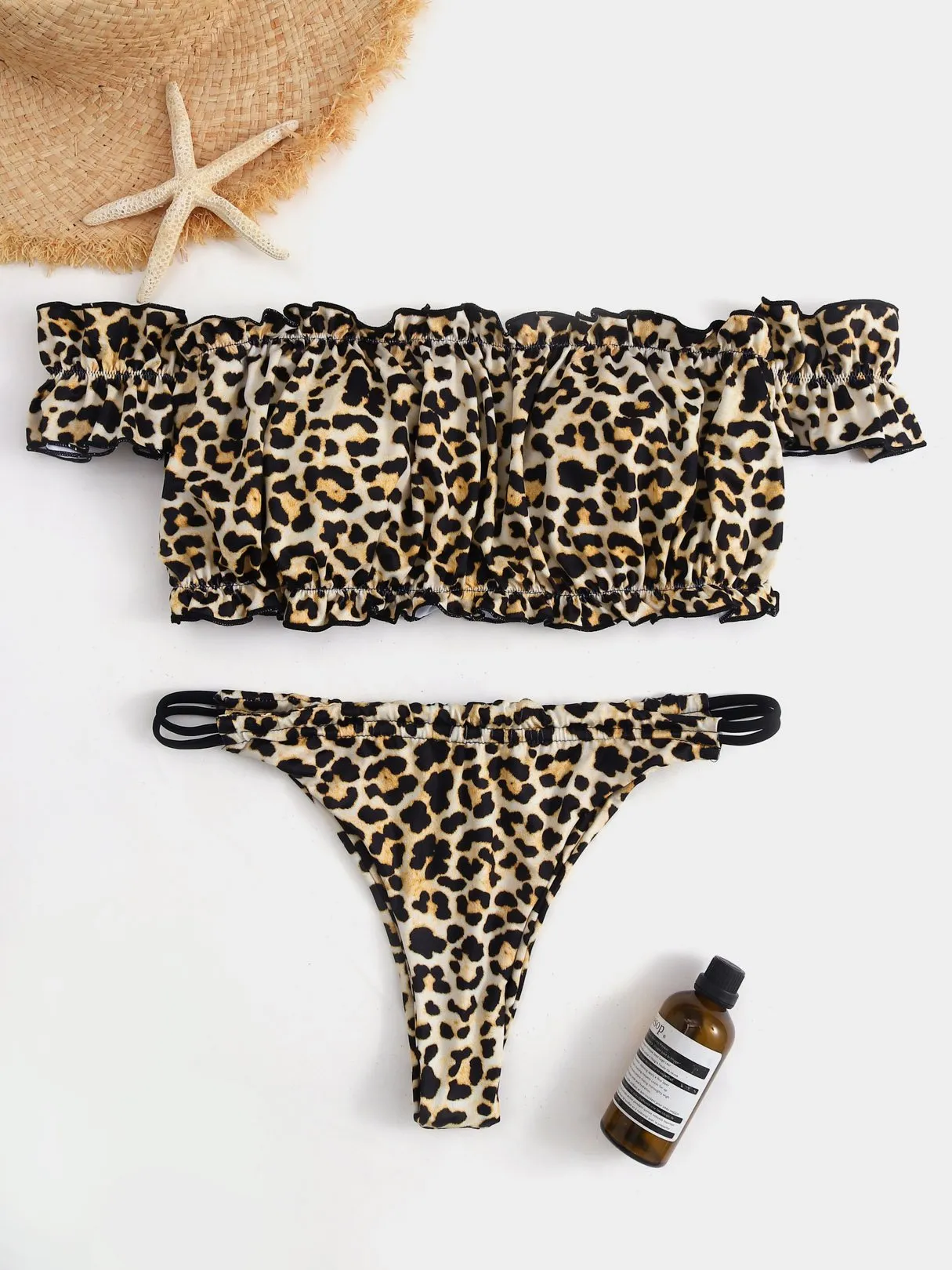 Wholesale Off The Shoulder Short Sleeve Leopard Two Piece Bikinis