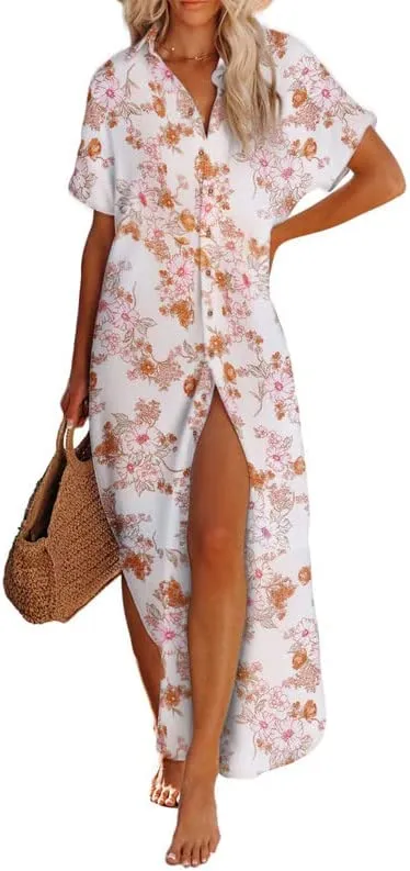 Womens Casual Short Sleeve Side Split Button Down Long Kimonos Cardigans Swimsuit Cover Ups