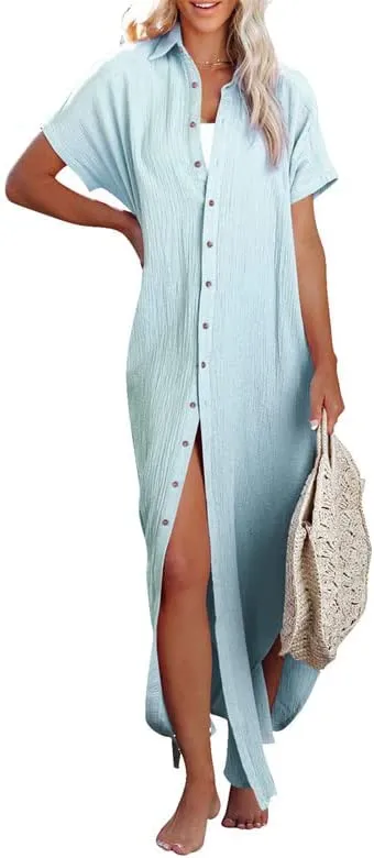 Womens Casual Short Sleeve Side Split Button Down Long Kimonos Cardigans Swimsuit Cover Ups