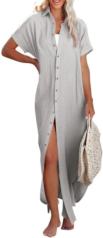 Womens Casual Short Sleeve Side Split Button Down Long Kimonos Cardigans Swimsuit Cover Ups