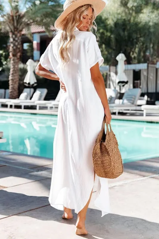Womens Casual Short Sleeve Side Split Button Down Long Kimonos Cardigans Swimsuit Cover Ups