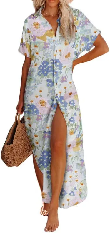 Womens Casual Short Sleeve Side Split Button Down Long Kimonos Cardigans Swimsuit Cover Ups