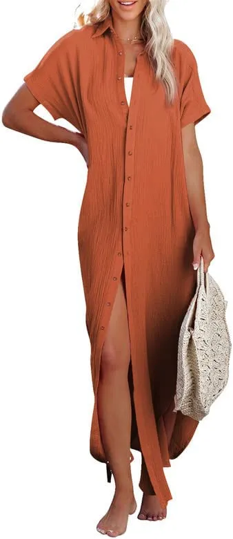 Womens Casual Short Sleeve Side Split Button Down Long Kimonos Cardigans Swimsuit Cover Ups