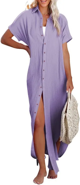 Womens Casual Short Sleeve Side Split Button Down Long Kimonos Cardigans Swimsuit Cover Ups