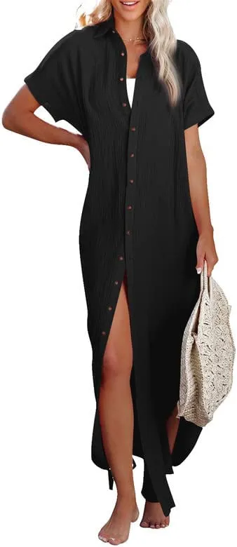 Womens Casual Short Sleeve Side Split Button Down Long Kimonos Cardigans Swimsuit Cover Ups