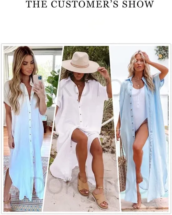 Womens Casual Short Sleeve Side Split Button Down Long Kimonos Cardigans Swimsuit Cover Ups