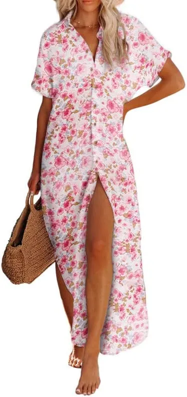 Womens Casual Short Sleeve Side Split Button Down Long Kimonos Cardigans Swimsuit Cover Ups