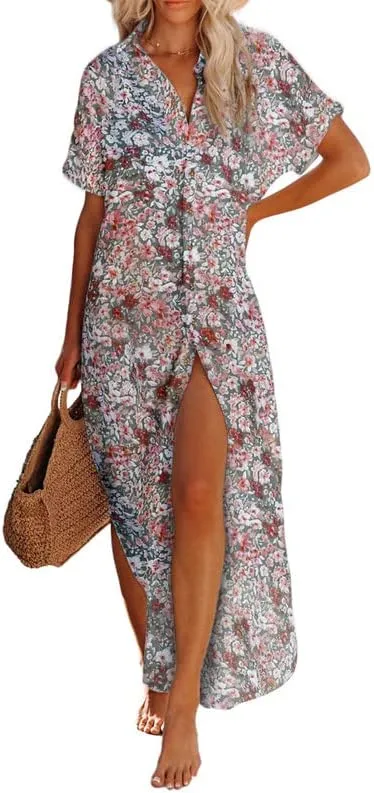 Womens Casual Short Sleeve Side Split Button Down Long Kimonos Cardigans Swimsuit Cover Ups