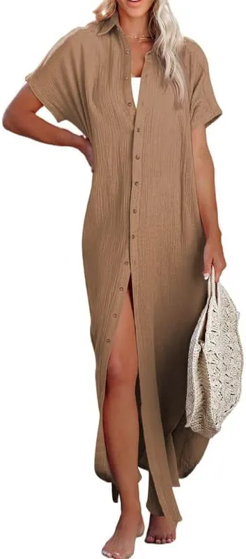 Womens Casual Short Sleeve Side Split Button Down Long Kimonos Cardigans Swimsuit Cover Ups