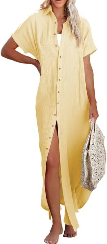 Womens Casual Short Sleeve Side Split Button Down Long Kimonos Cardigans Swimsuit Cover Ups