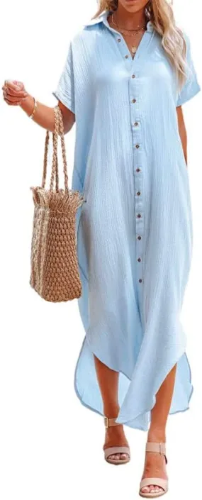 Womens Casual Short Sleeve Side Split Button Down Long Kimonos Cardigans Swimsuit Cover Ups