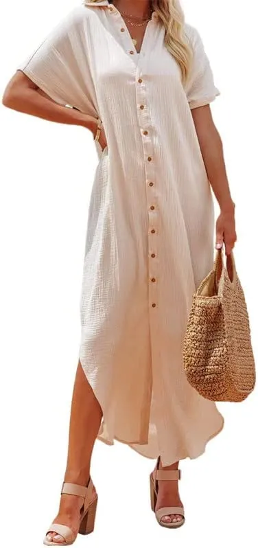 Womens Casual Short Sleeve Side Split Button Down Long Kimonos Cardigans Swimsuit Cover Ups