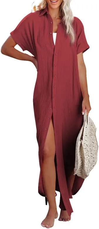 Womens Casual Short Sleeve Side Split Button Down Long Kimonos Cardigans Swimsuit Cover Ups