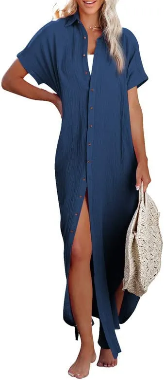 Womens Casual Short Sleeve Side Split Button Down Long Kimonos Cardigans Swimsuit Cover Ups