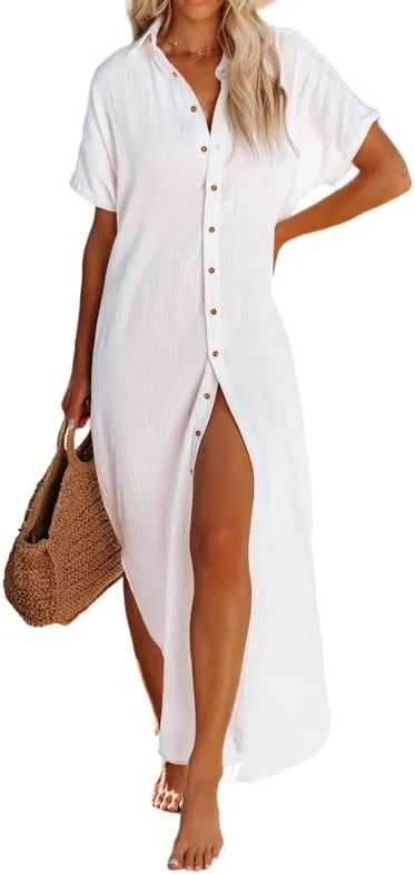 Womens Casual Short Sleeve Side Split Button Down Long Kimonos Cardigans Swimsuit Cover Ups