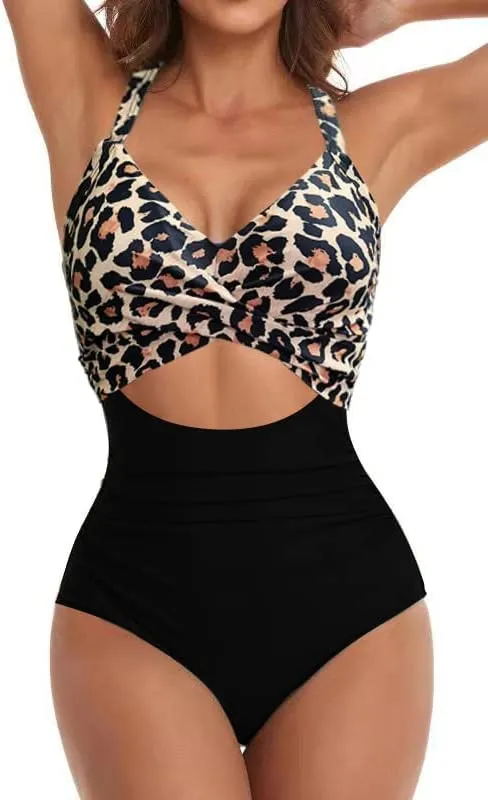 Women's One Piece Swimsuits Tummy Control Cutout High Waisted Bathing Suit Wrap Tie Back 1 Piece Swimsuit