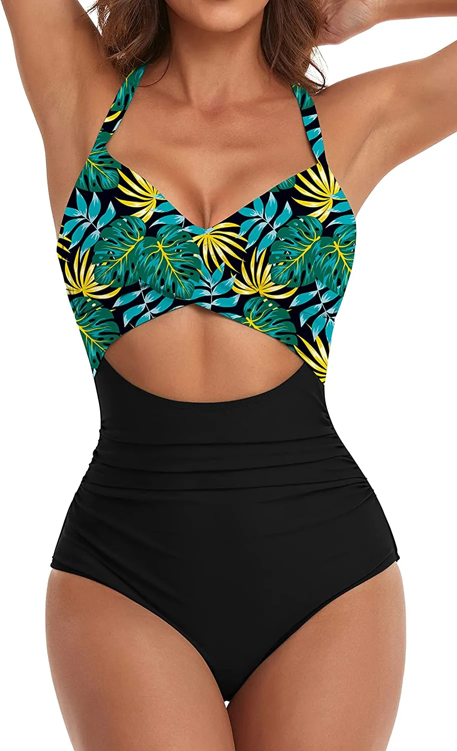 Women's One Piece Swimsuits Tummy Control Cutout High Waisted Bathing Suit Wrap Tie Back 1 Piece Swimsuit