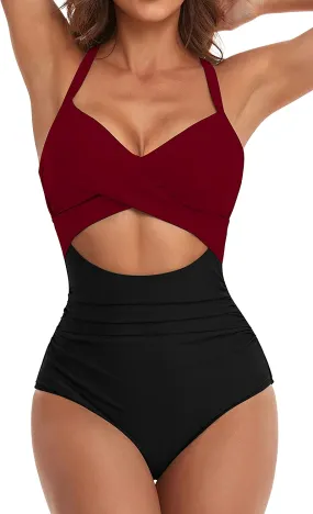 Women's One Piece Swimsuits Tummy Control Cutout High Waisted Bathing Suit Wrap Tie Back 1 Piece Swimsuit
