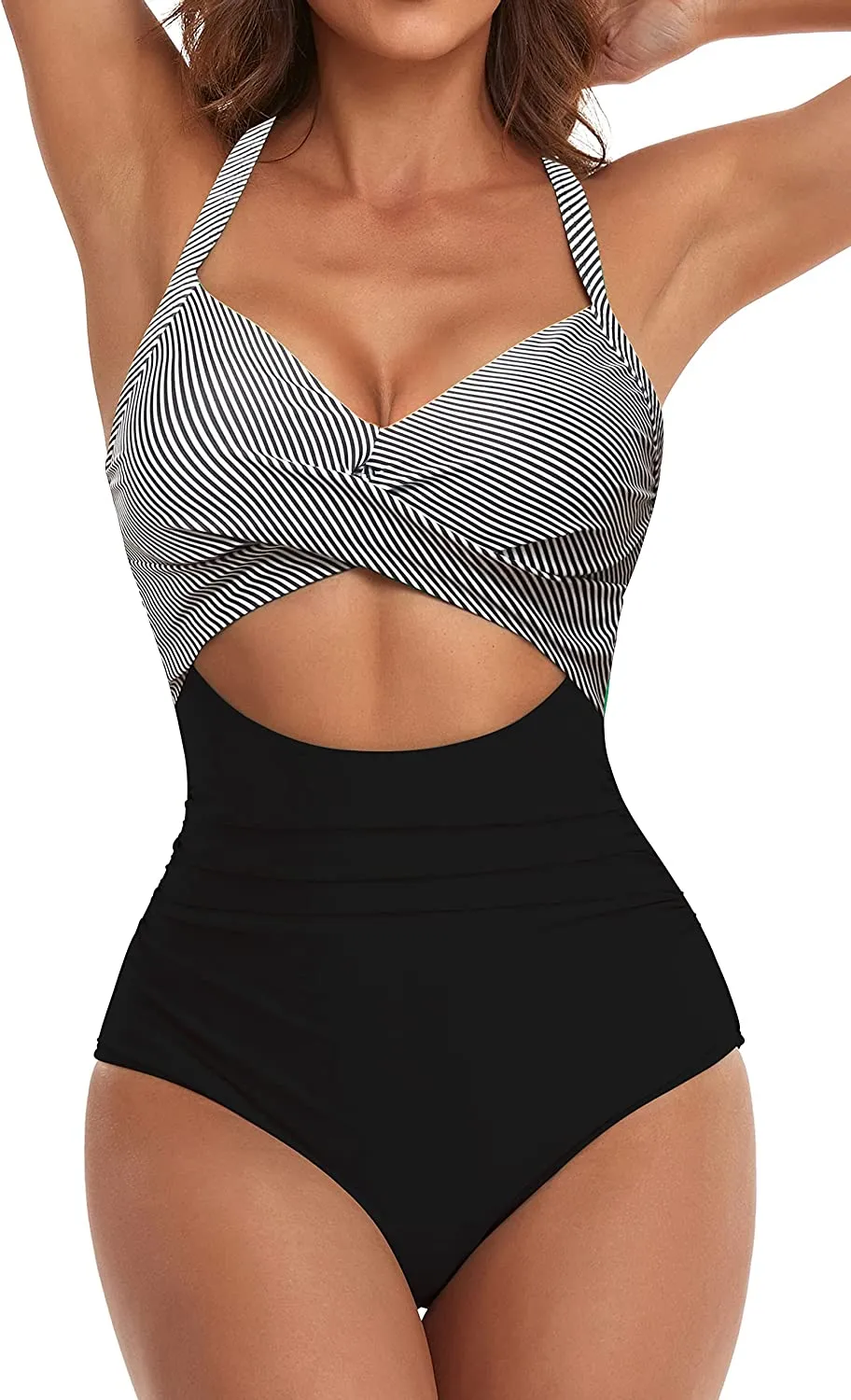 Women's One Piece Swimsuits Tummy Control Cutout High Waisted Bathing Suit Wrap Tie Back 1 Piece Swimsuit