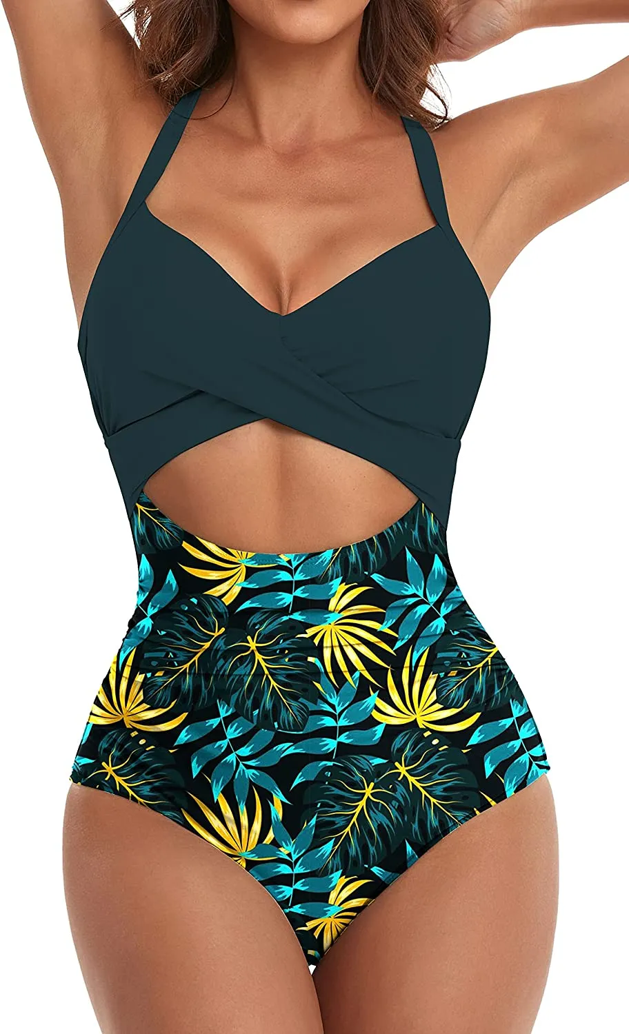 Women's One Piece Swimsuits Tummy Control Cutout High Waisted Bathing Suit Wrap Tie Back 1 Piece Swimsuit